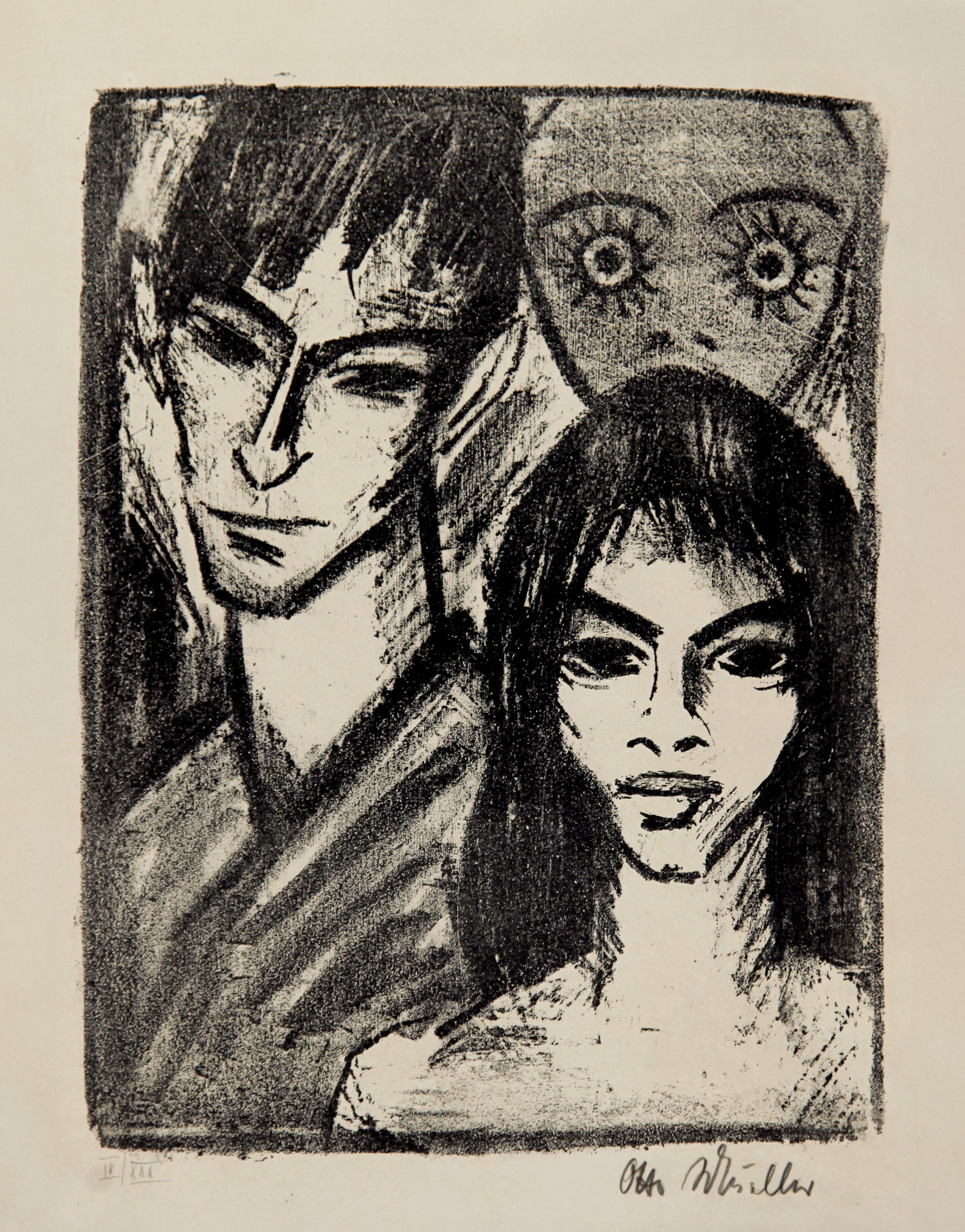 Selbstbildnis mit Modell und Maske by Otto Mueller
