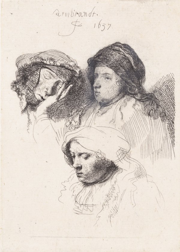 Three Heads Of Women, One Asleep by Harmensz van Rijn Rembrandt