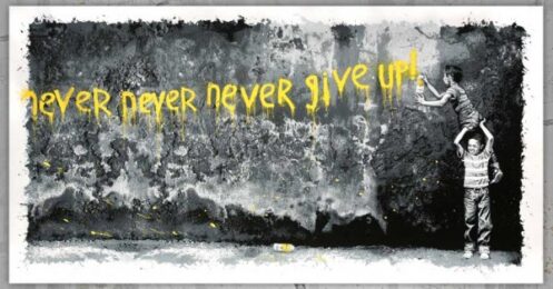 Never Never Never Give Up (yellow) by Mr. Brainwash at Lieberman Contemporary