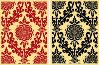 Parlor Patten Cream/ Red & Cream/black (set Of 2) by Shepard Fairey at Gregg Shienbaum Fine Art