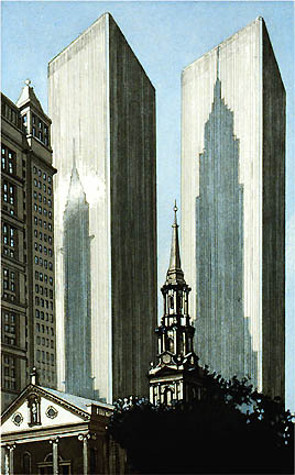 Shadows Of The Empire State & Chrysler Building On World Trade Towers by Richard Haas