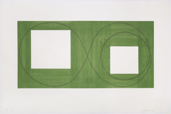 Two Open Squares Within A Green Area, 2017 by Robert Mangold
