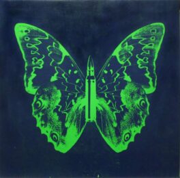 Green Butterly Ii On Blue by Rubem Robierb at Taglialatella Galleries