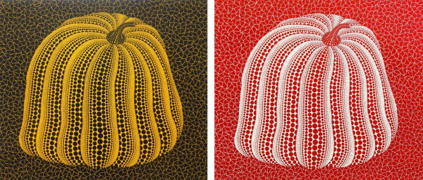 Yellow Colored Pumpkin & Red Colored Pumpkin by Yayoi Kusama at Vogtle Contemporary