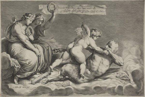 Cupid Conquering Pan, Crowned By Venus And Juno by Jacob Matham