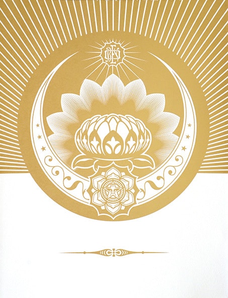Obey Lotus Crescent (White & Gold). by Shepard Fairey