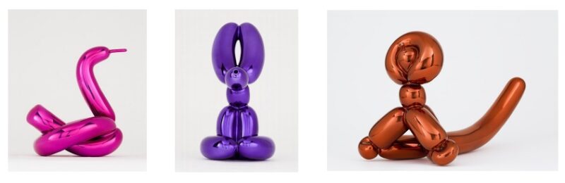 Set Of Three: Balloon Rabbit (violet), Balloon Swan (magenta) And Balloon Monkey (orang) by Jeff Koons at Vogtle Contemporary