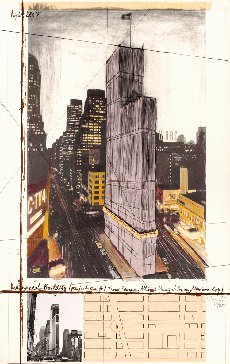 Wrapped Building, Project For #1 Times Square, Allied Chemical Tower, New York City by Christo and Jeanne-Claude