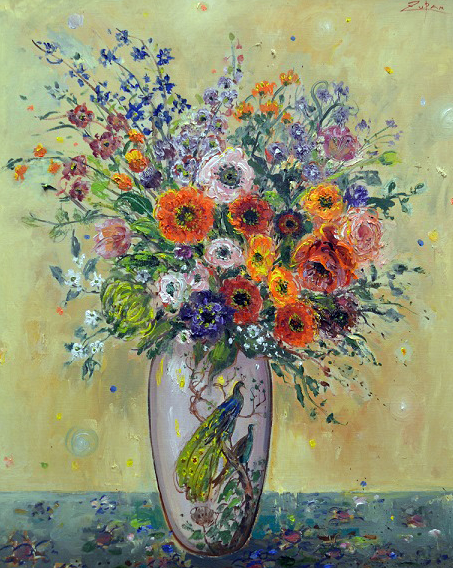 Oriental Poppies In Peacock Vase by Bruno Zupan