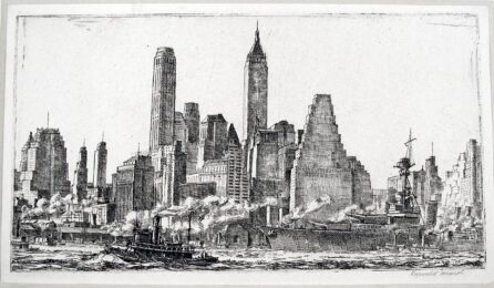 Skyline from Pier 10, Brooklyn by Reginald Marsh at Harris Schrank Fine Prints