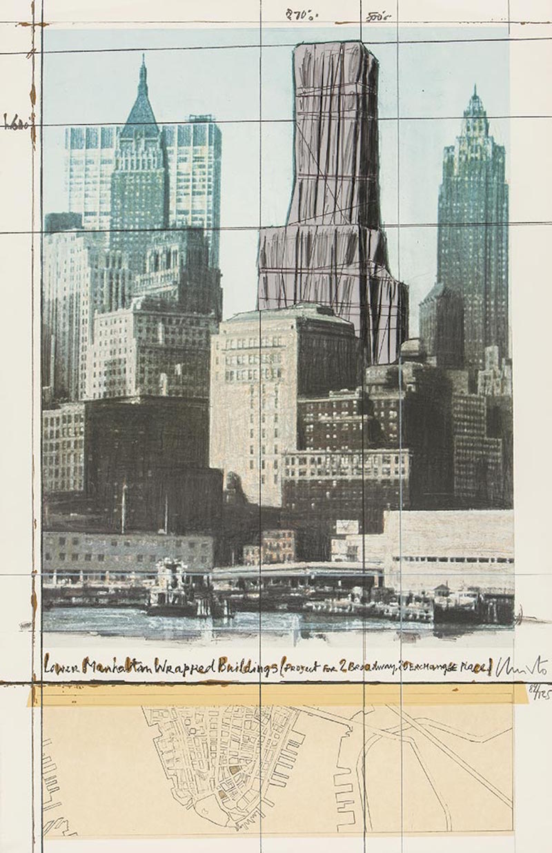 Lower Manhattan Wrapped Buildings, Project for 2 Broadway, 20 Exchange Place by Christo and Jeanne-Claude