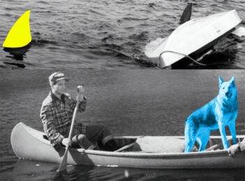 Man, Dog (Blue), Canoe/Shark Fins (One Yellow), Capsized Boat by John Baldessari at Cirrus Gallery + Cirrus Editions Ltd.