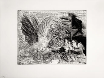 Harpye à Tête de Taureau, et Quatre Petites Filles sur une Tour surmontée d’un Drapeau noir by Pablo Picasso at John Szoke Gallery