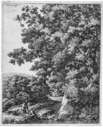 Private: Landscape with a dog drinking from a stream as a male figure bathes his feet by Anthonie Waterloo at Emanuel von Baeyer - Cabinet