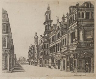 Imaginary view of a street with the house Aux Quatre Vents by Joannes and Lucas van Doetecum at Sarah Sauvin