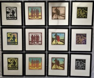 Installation of 12 framed color woodcuts by McWillie Chambers at William Chambers Art