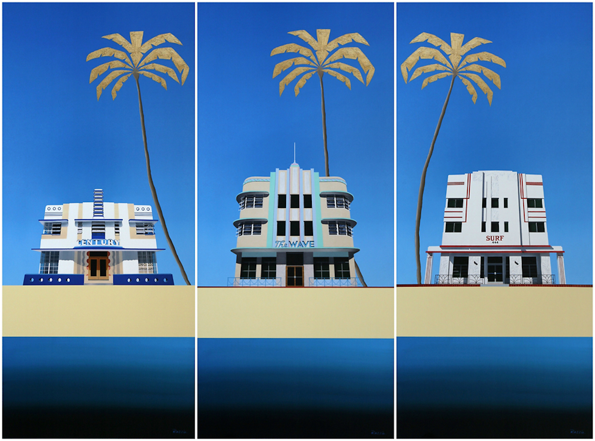 Miami Deco Buildings [Triptych] – Century, The Wave & Surf by Razzia (Gérard Courbouleix-Deneriaz)