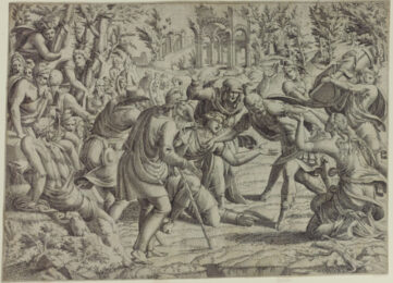 Cassandra stopping Deiphobus from killing their brother Paris by Jean Mignon at Jan Johnson Old Master Modern Prints