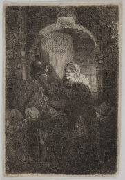 A hurdy-gurdy player followed by children at the door of a house (‘the schoolmaster’) by Harmensz van Rijn Rembrandt at Sarah Sauvin