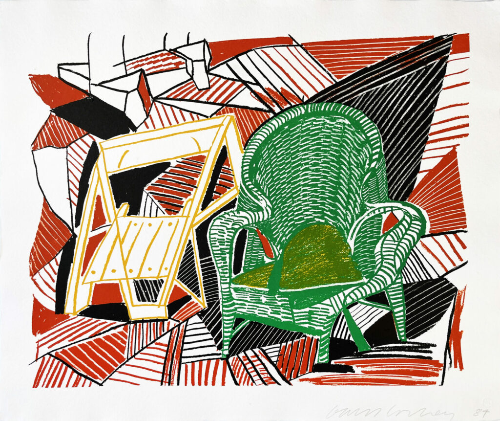 Two Pembroke Studio Chairs from the Moving Focus series by David Hockney