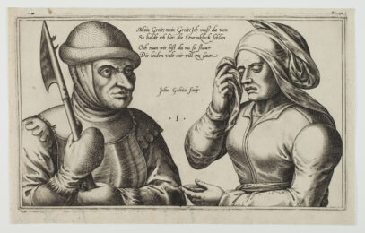 A soldier bids farewell to his wife by Julius Goltzius at Sarah Sauvin