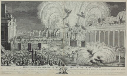 Illuminations and fireworks in Strasbourg, for the convalescence of Louis XV, October, 1744, a pair by Jacques-Philippe Lebas at Jan Johnson Old Master Modern Prints