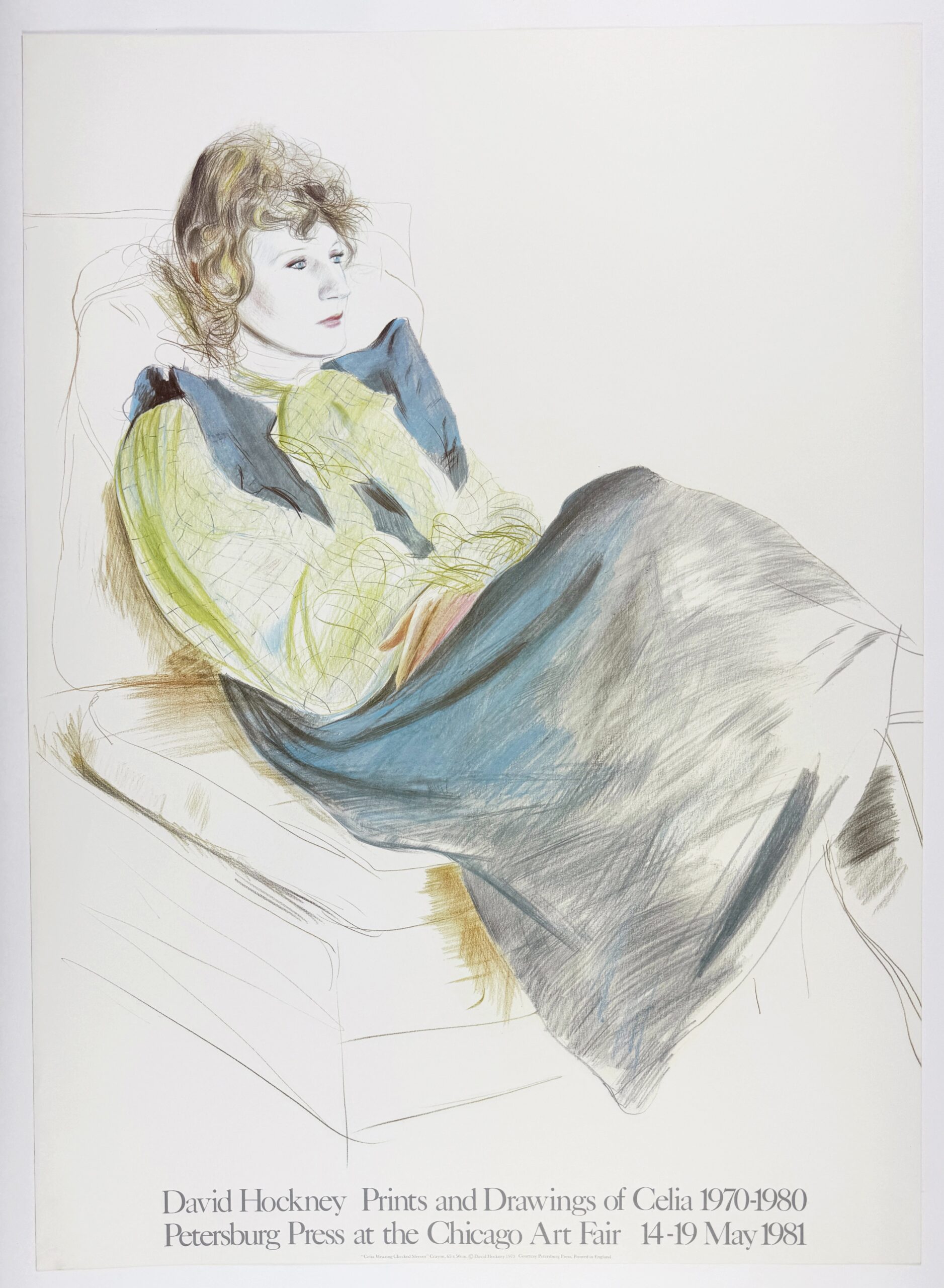 Petersburg Press at the Chicago Art Fair 1981 (Celia Wearing Checkered Sleeves 1973) by David Hockney