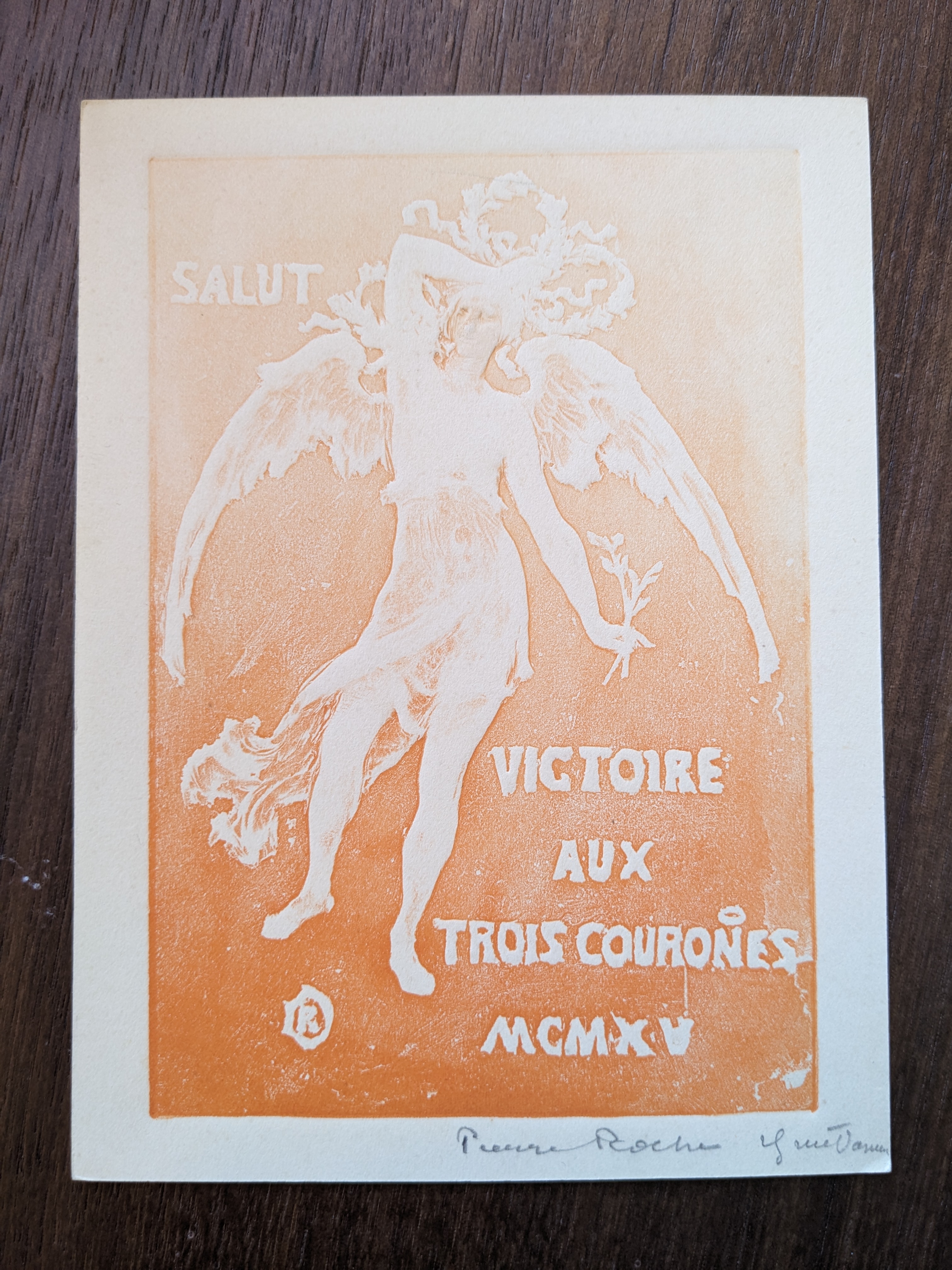 Salut victoire aux trois courones (greeting card for 1915) by Pierre Roche