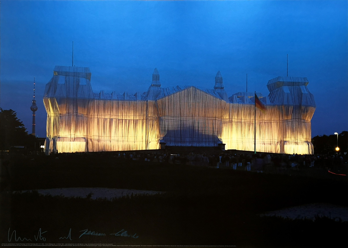Reichstag front side at night by Christo and Jeanne-Claude