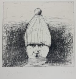 Self Portrait in a Ski Hat (first state) unique black and white proof by Jim Dine at Petersburg Press