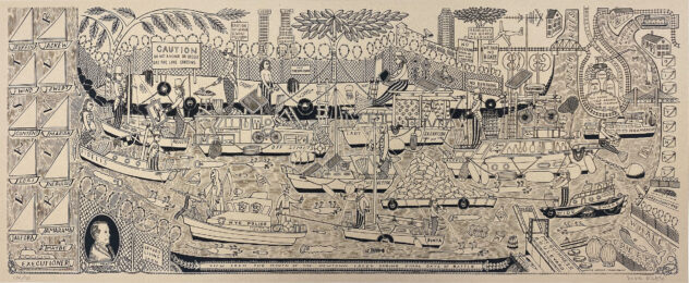 The View from the Mouth of the Newtown Creek During Final Days of Battle by Duke Riley at LeRoy Neiman Center for Print Studies