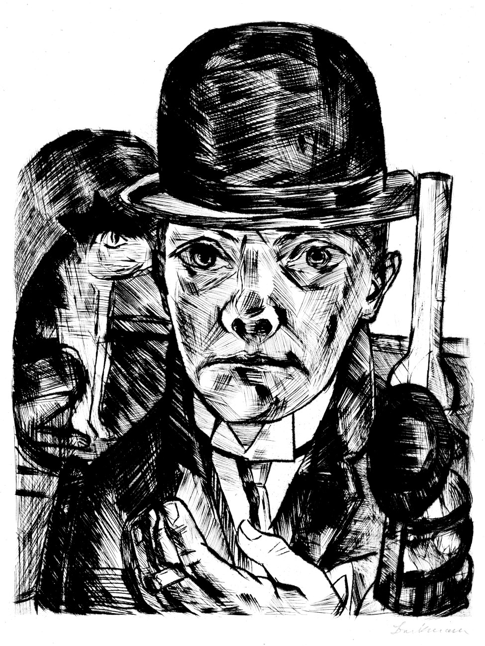 Self Portrait in Bowler Hat (with cat) by Max Beckmann