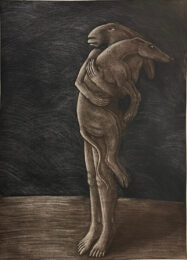 Lady Hare Holding Dog by Sophie Ryder at Wetpaint Gallery