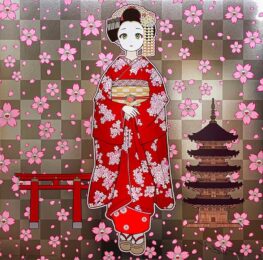 Maiko in Kyoto, Cherry Blossoms on Red by Takashi Murakami at Vogtle Contemporary