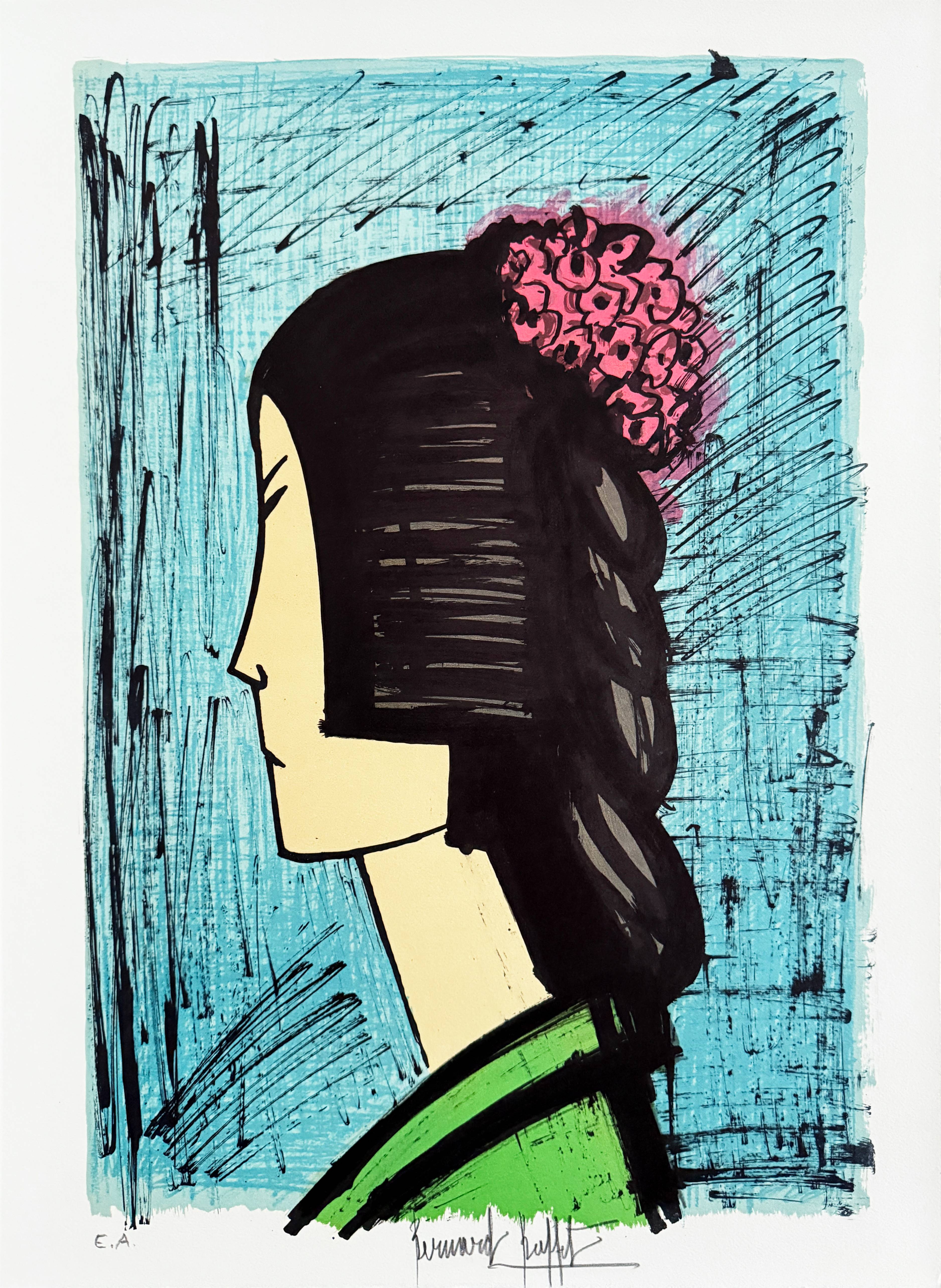 Japanese girl with flowery hairstyle by Bernard Buffet