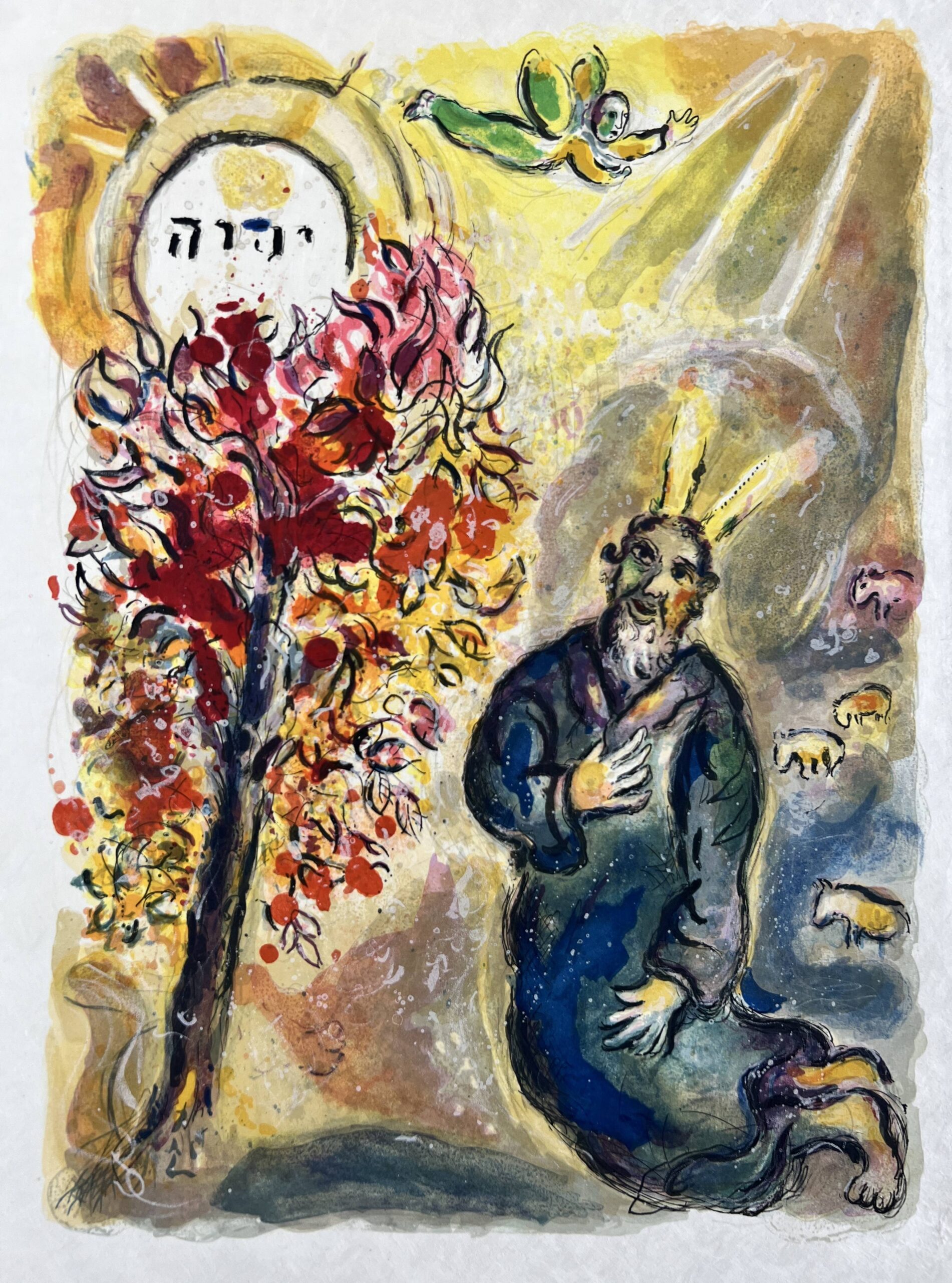 Then the Angel of the Lorde appeared unto him in a flame of fire, out of the middes of a bush… by Marc Chagall
