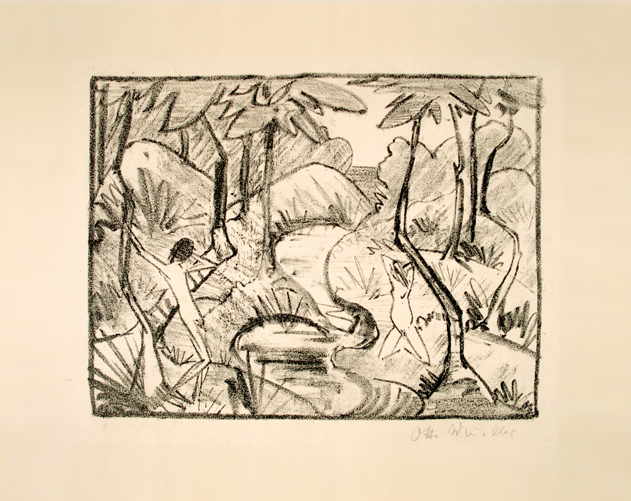 Zwei Figuren am Waldbach 2 (Waldlandschaft) by Otto Mueller