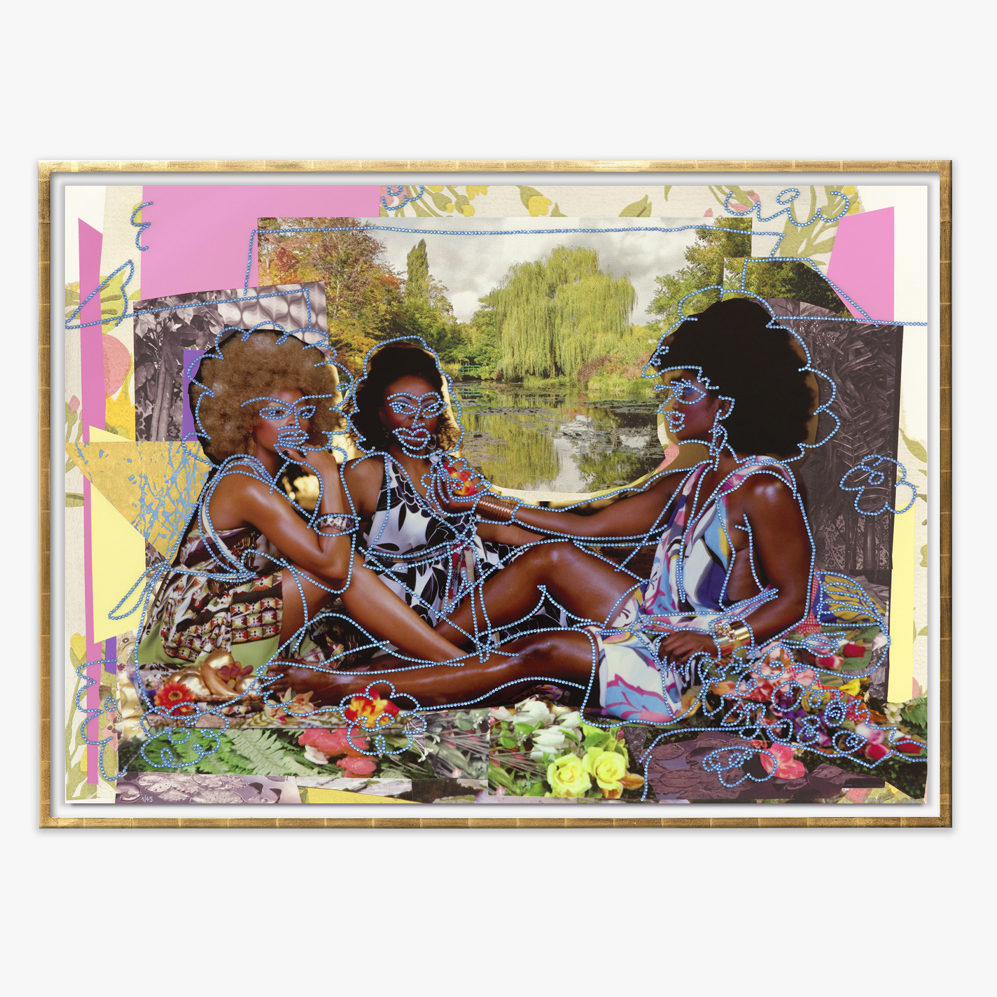 Le Déjeuner sur l’herbe: les trois femmes noires avec jardin d’eau by Mickalene Thomas