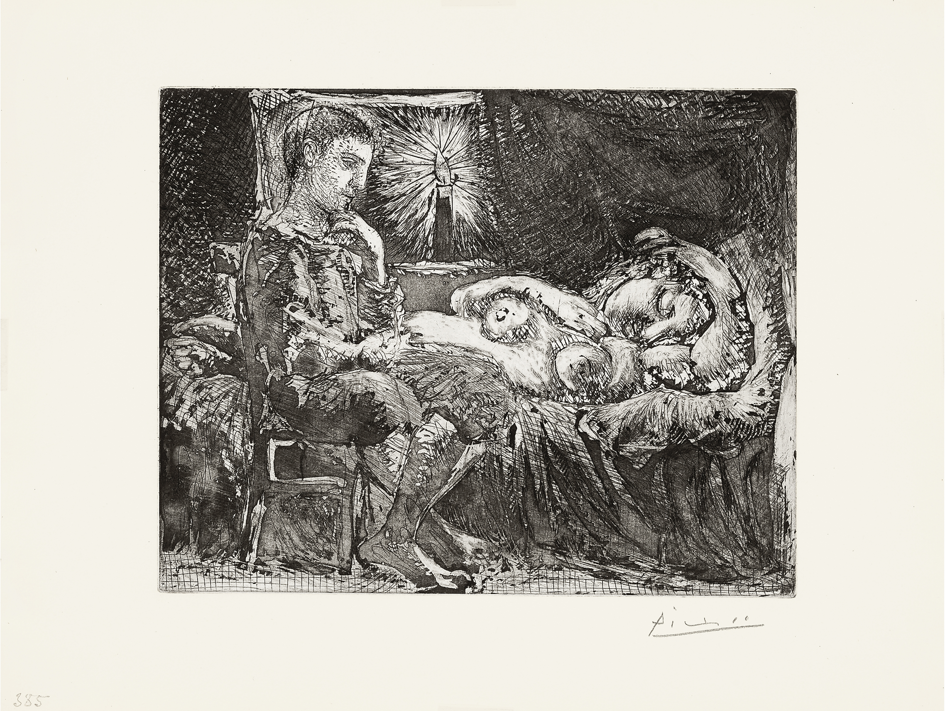 Garçon pensif veillant une dormeuse à la lumière d’une chandelle by Pablo Picasso