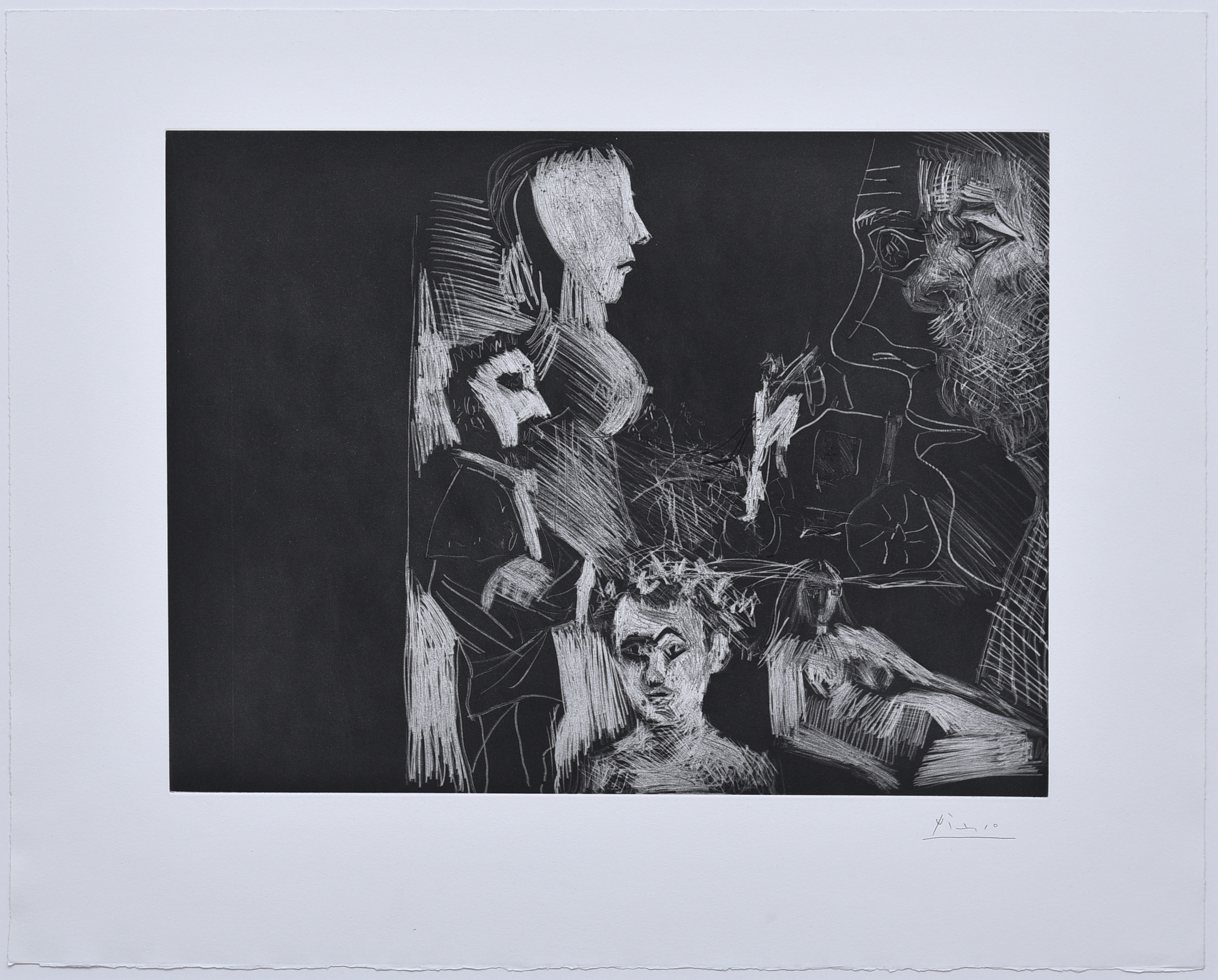 Jeune couple, vieux couple, spectateur, avec un carrosse au fond by Pablo Picasso