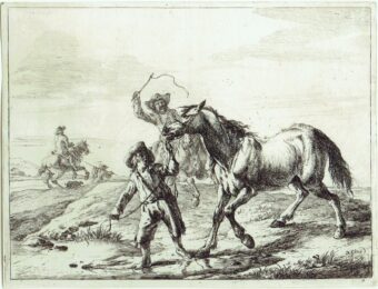 A Youth leading a reluctant Horse by Dirk Stoop at Jan Johnson Old Master Modern Prints