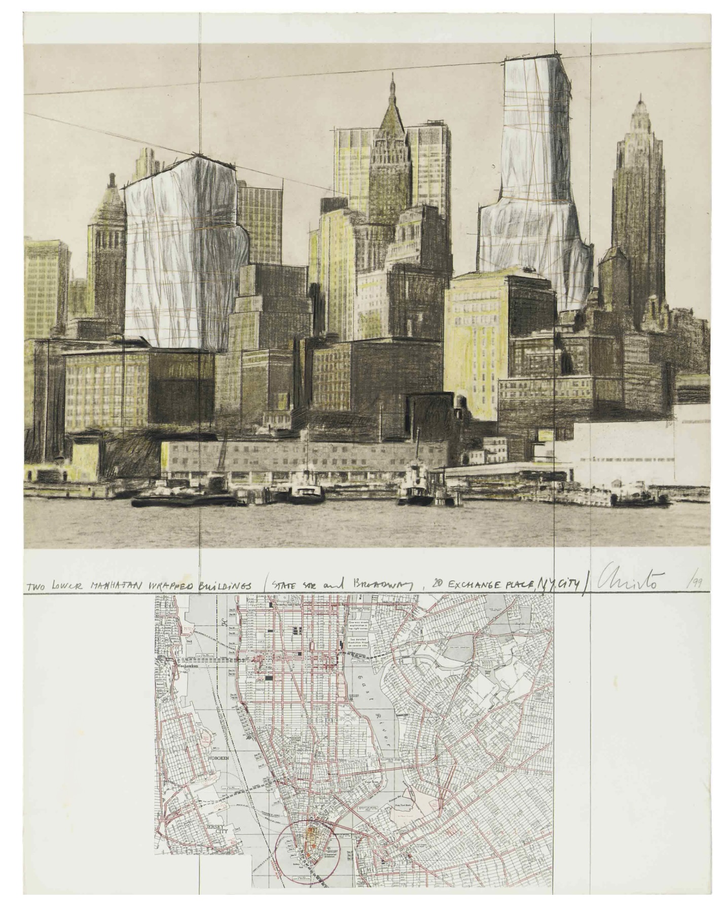 Two Manhattan wrapped buildings, project for New York by Christo and Jeanne-Claude