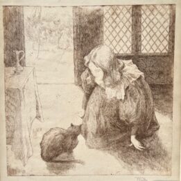 La petite fille au chat (Little girl with cat) by Alfredo Muller at Jan Johnson Old Master Modern Prints