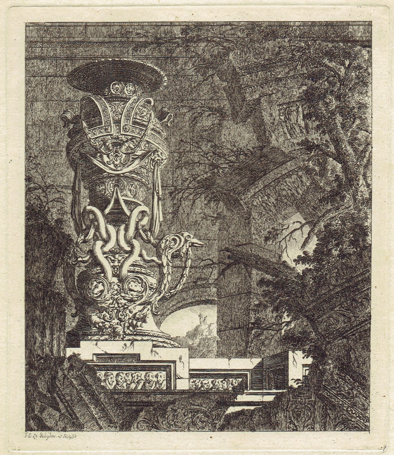 An ornate Vase with serpentine forms in an Antique Setting by Jean-Laurent Legeay