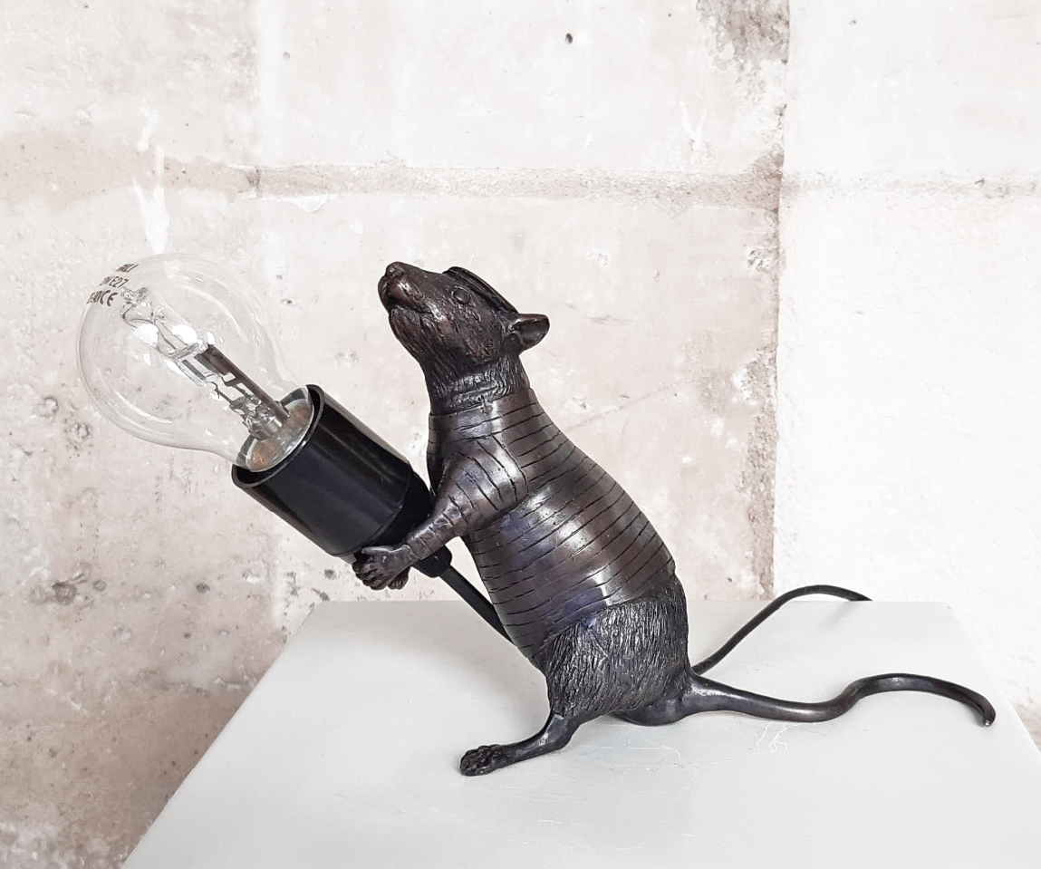 Rat Giving Light (Standing), rare brass sculpture by Hama Woods