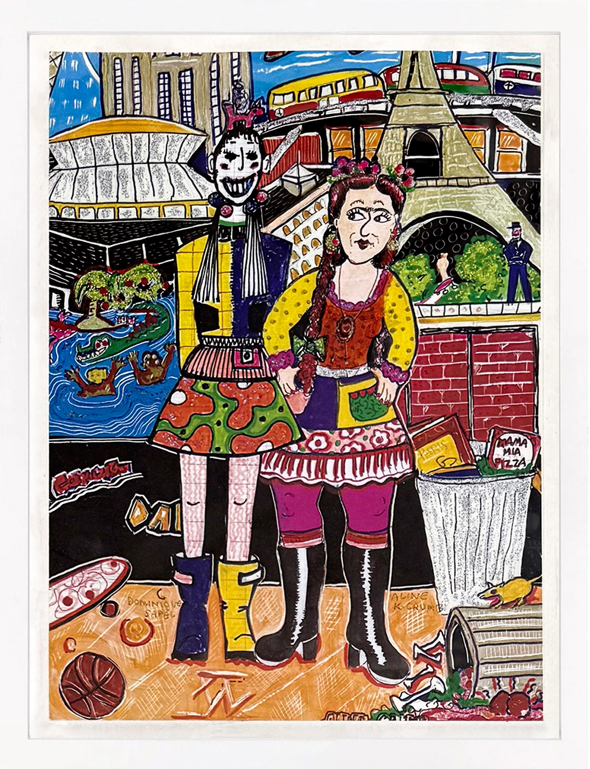Aline Kominsky-Crumb & Dominique Sapel Collab Original Mixed Media on Paper by Aline Kominsky-Crumb