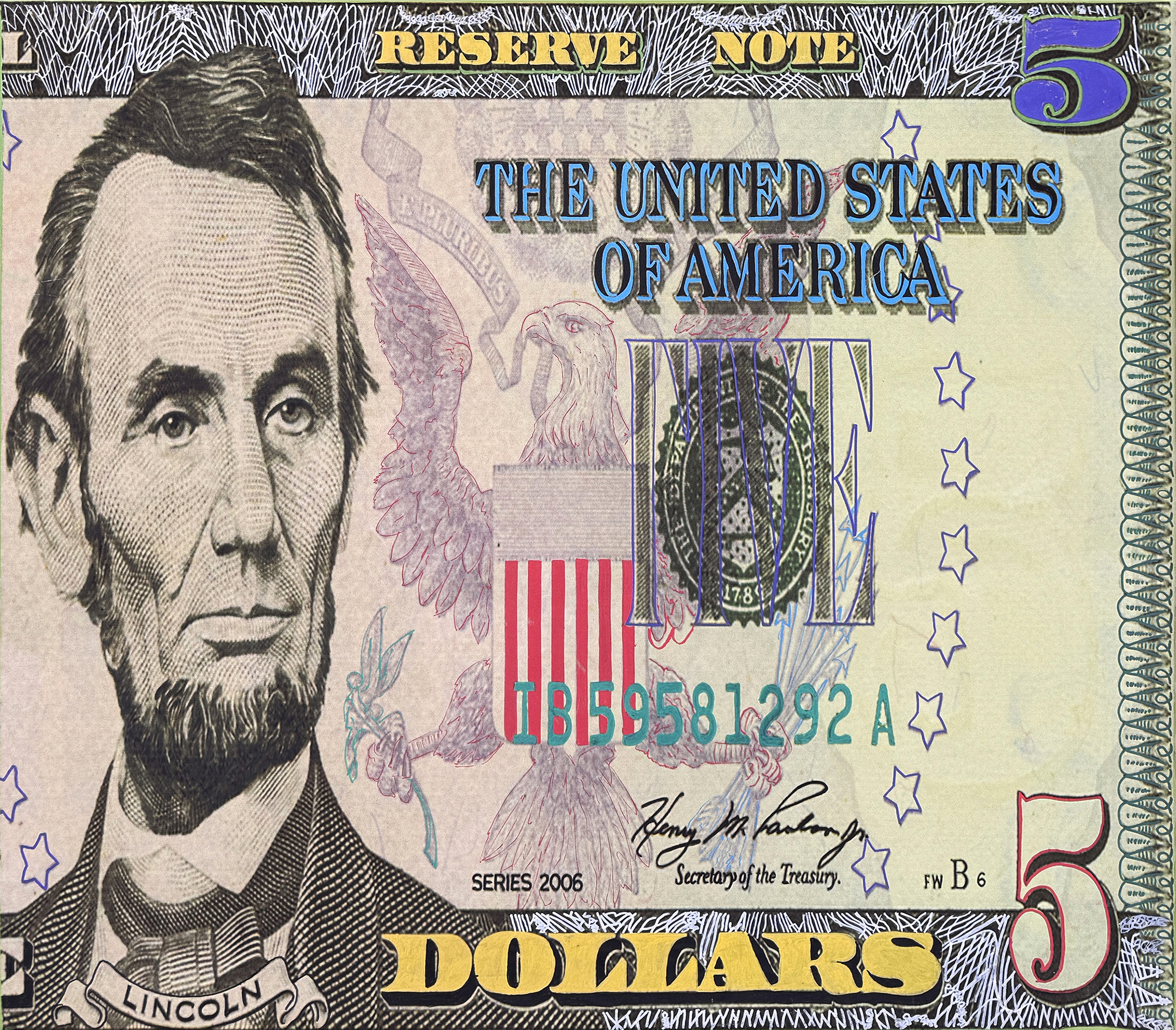 Lincoln Five Dollar Bill (huge unique painting on canvas) by Steve Kaufman