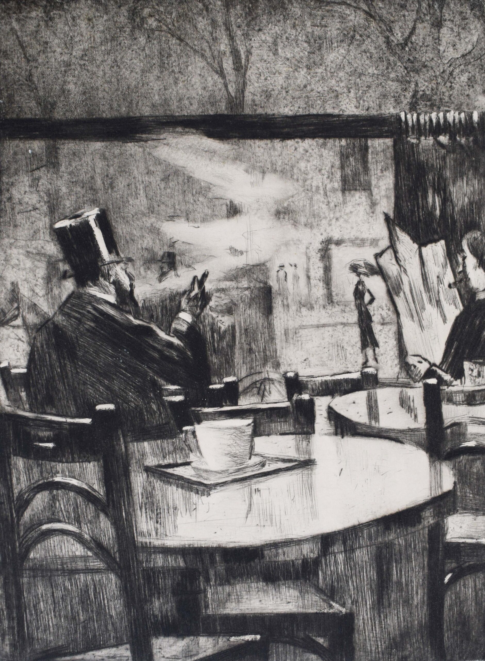 In the Café. [Man in a Top hat in front of a Coffee House Window – View from Behind] by Lesser Ury