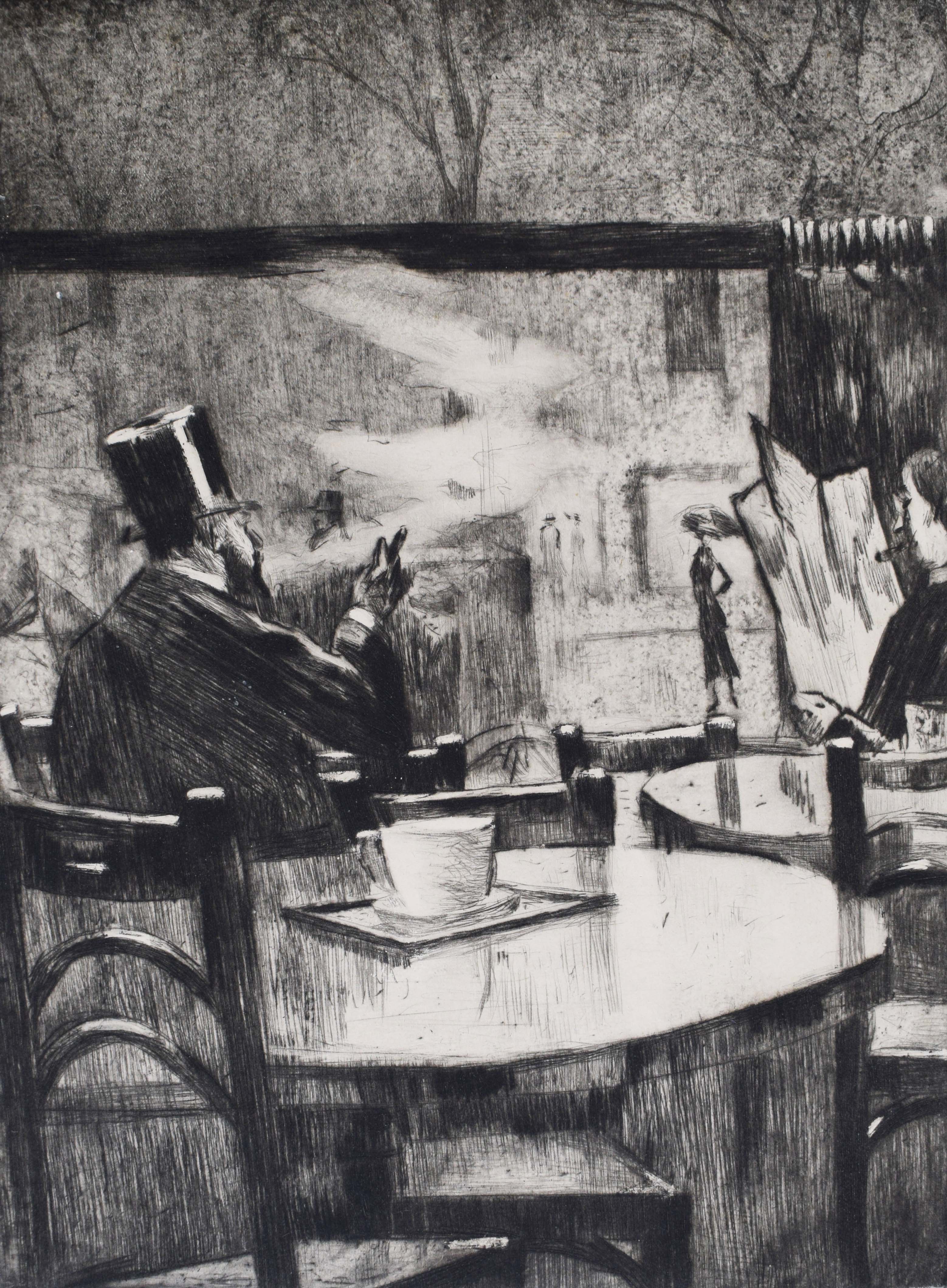 In the Café. [Man in a Top hat in front of a Coffee House Window – View from Behind] by Lesser Ury