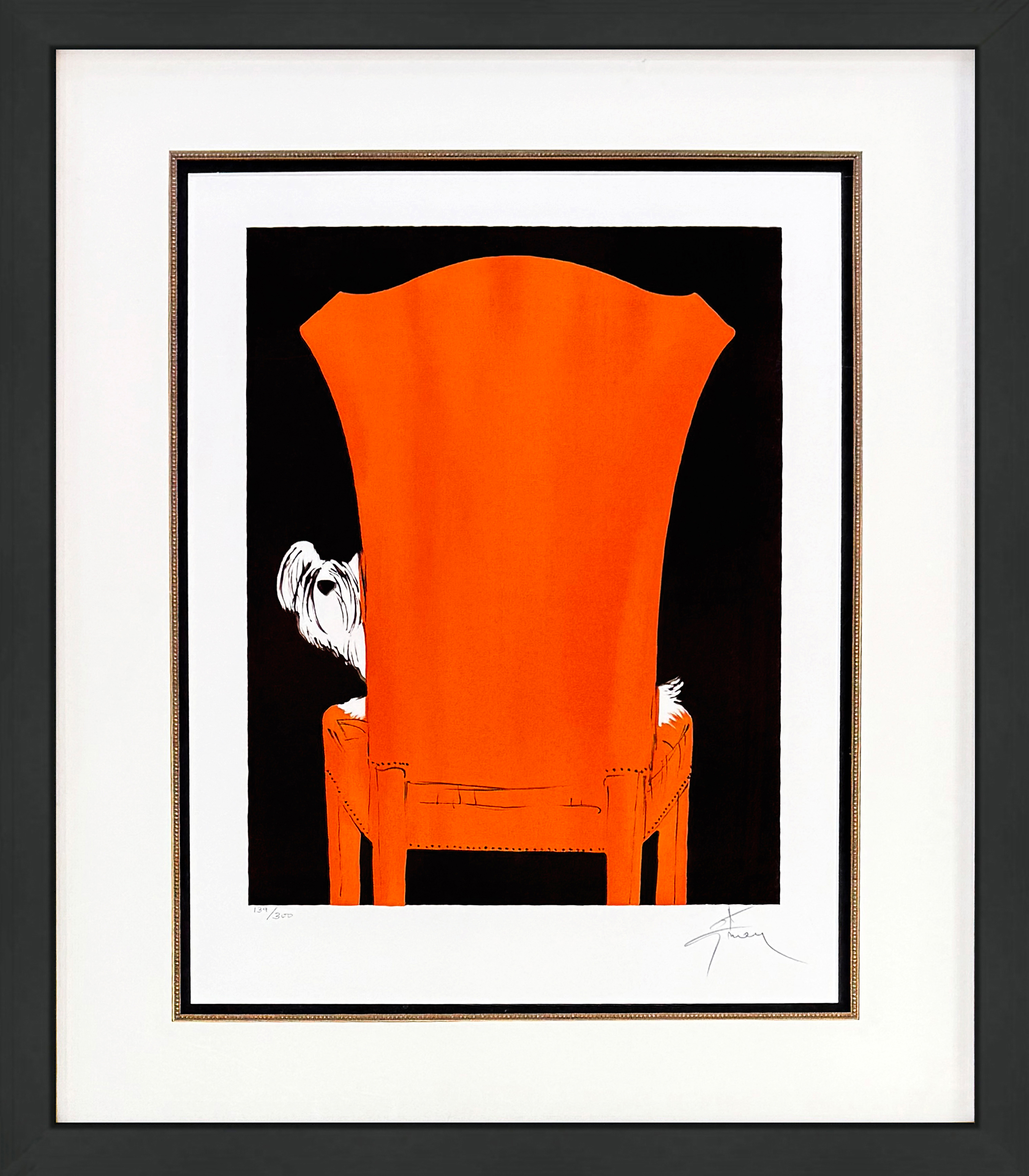 Le Petit Chien Sur Le Fauteuil (framed hand signed lithograph) by René Gruau